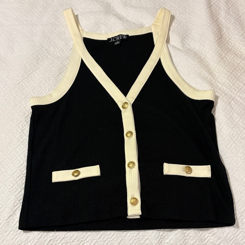 J.Crew Navy and Cream Sleeveless Top with Gold Buttons